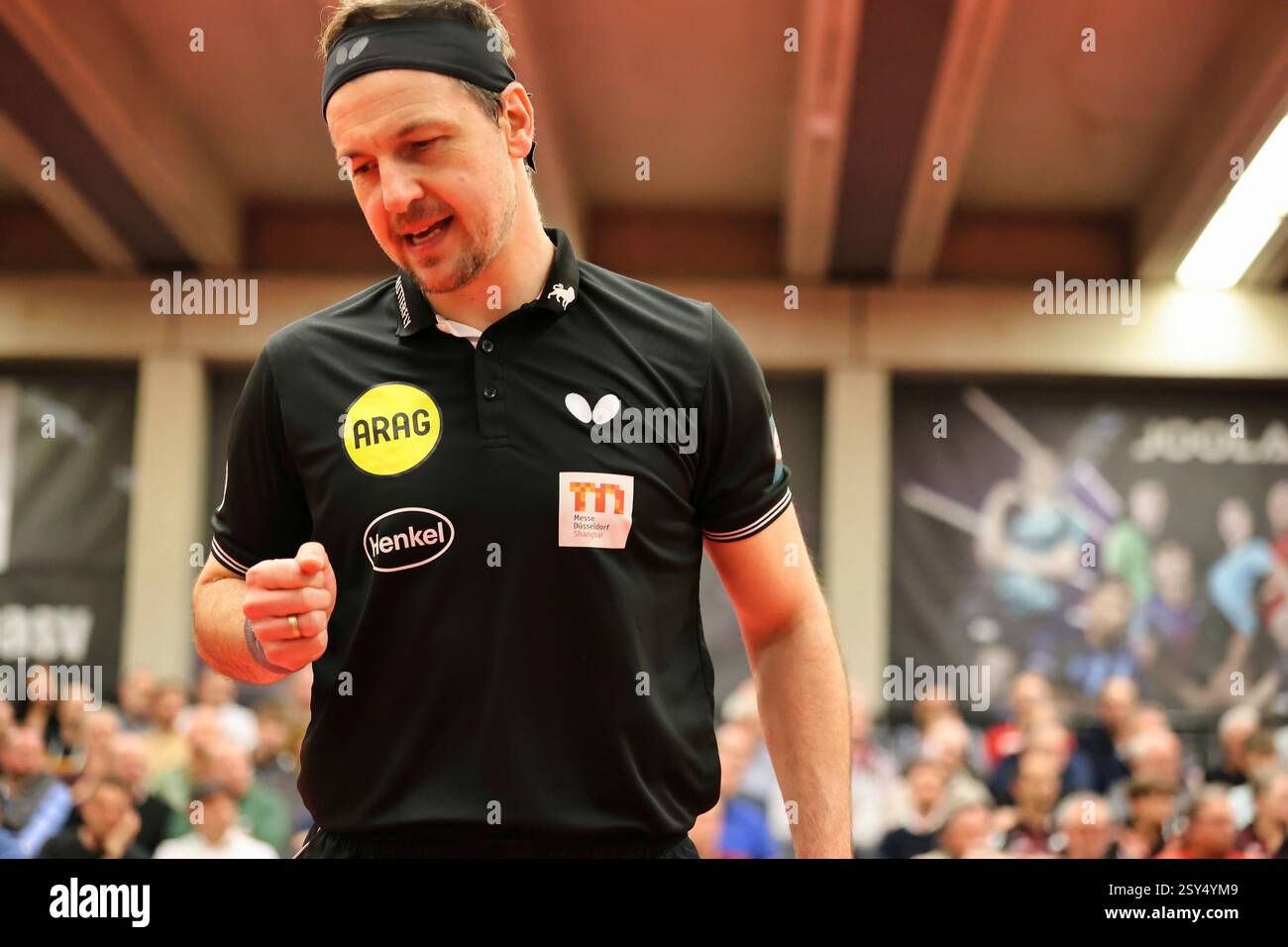 Grünwettersbach, Deutschland 25. Februar 2025: 1. TTBL - 2024/2025 - ASC Grünwettersbach vs. Borussia Düsseldorf im Bild: Timo Boll (Düsseldorf) ballt die Faust beim Punktgewinn Stockfoto