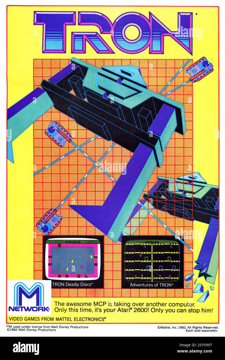 1982 Werbespot für die Videospiele Adventures of Tron and Tron: Deadly Discs von M/Network Mattel, für Atari 2600 Stockfoto