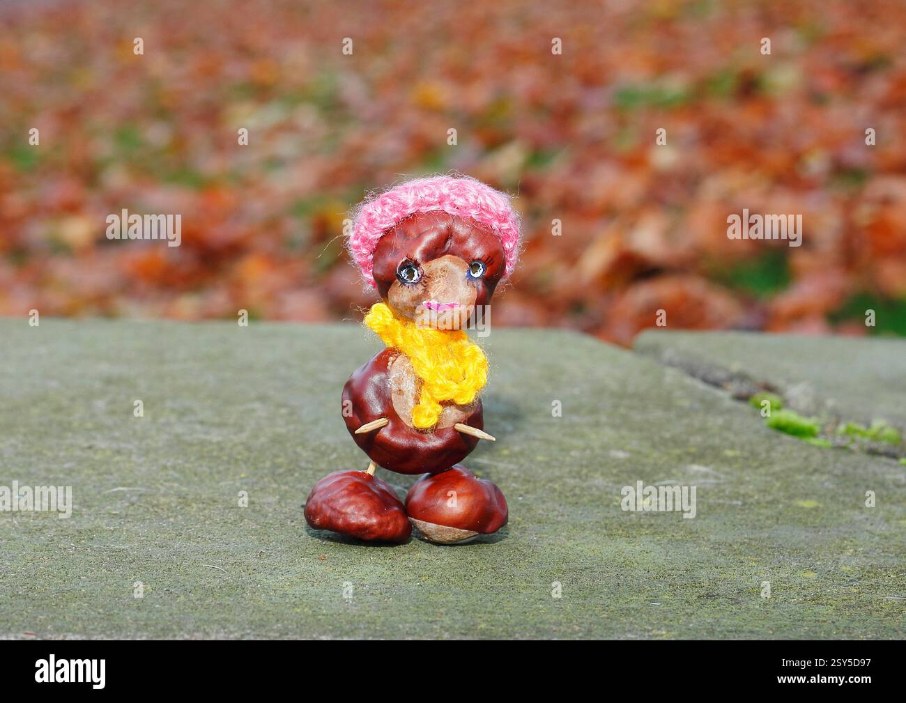 Lustige Kastanienfigur mit rotem Hut und gelbem Schal an der Wand Stockfoto