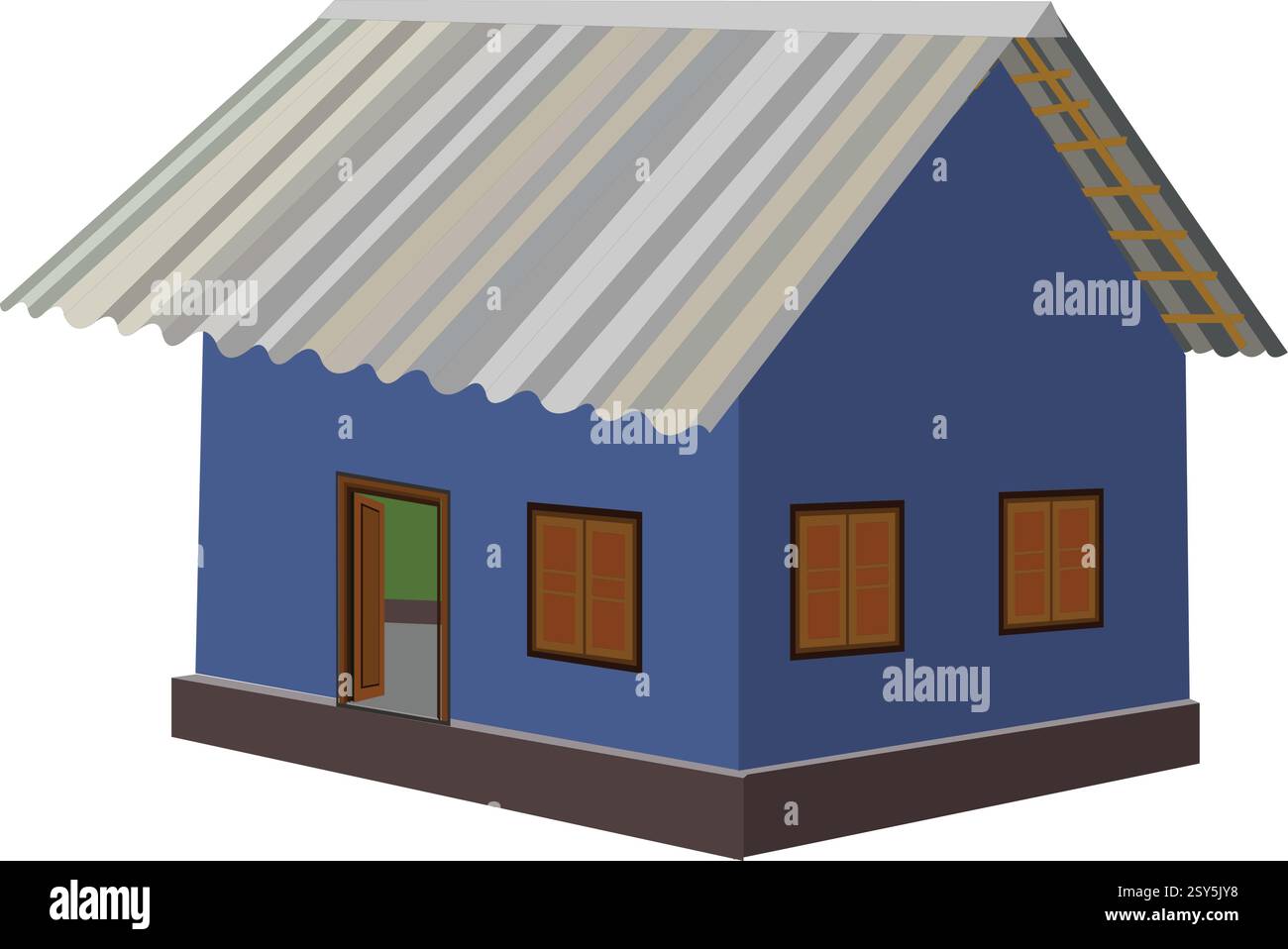 Ein blaues Haus mit einem schrägen Dach. Das Dach besteht aus Metall. Das Haus ist leer. Ländliches Lehmhaus mit Zinnraum isoliert auf weißem Hintergrund Stock Vektor