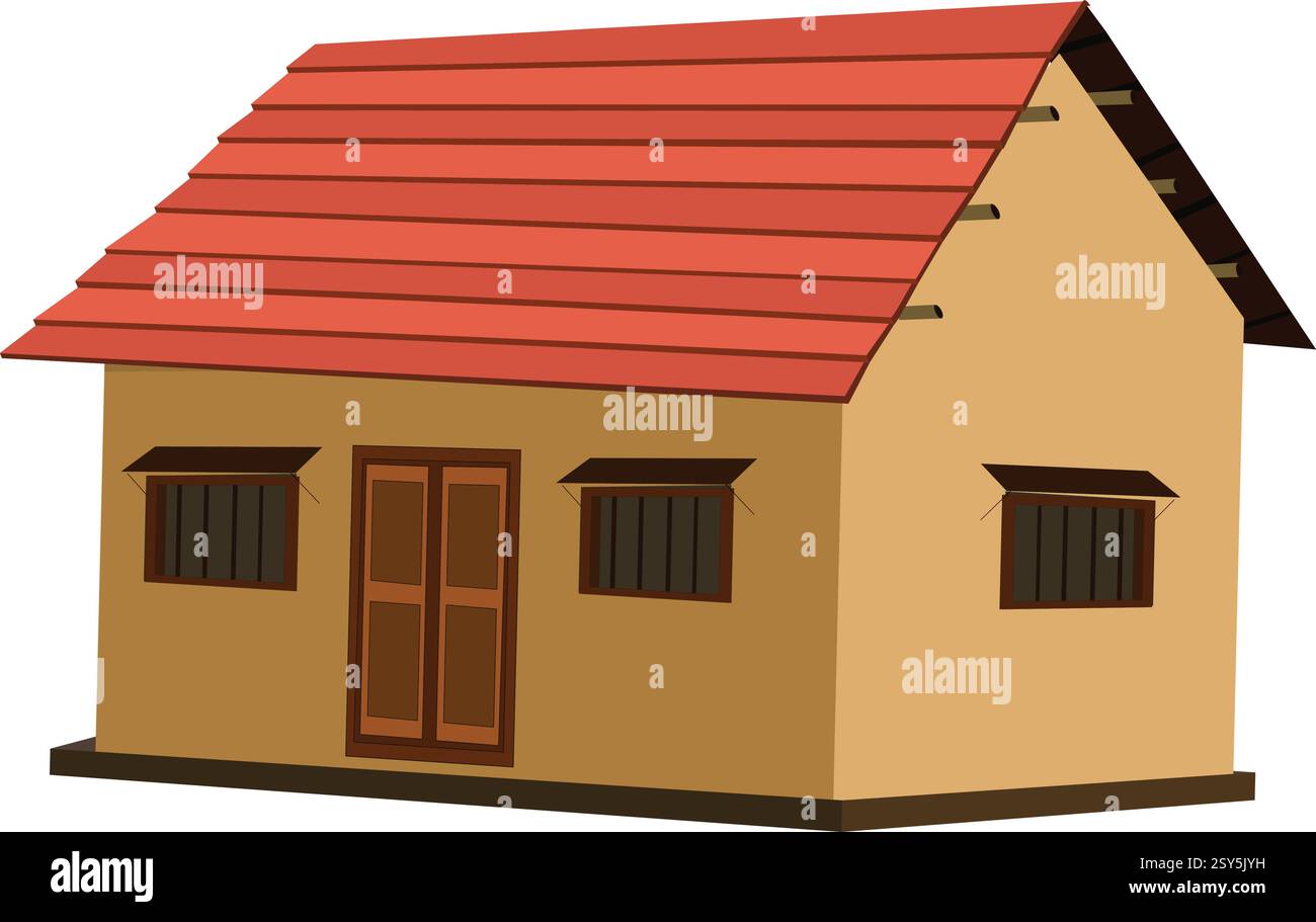 Ein kleines Haus mit rotem Dach und braunen Türen. Das Haus ist leer und hat keine Möbel Stock Vektor