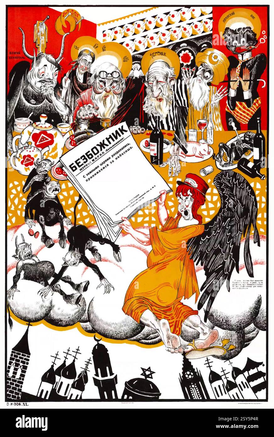 Mit den irdischen Königen haben wir auch die Himmelskönige beseitigt. Antireligiöse Karikatur des russischen Grafikers Dmitry Moor - 1922 Stockfoto
