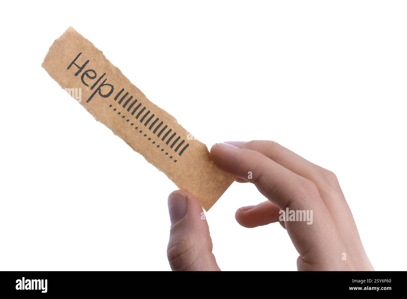 Hilfe Formulierung auf Papier in der Hand in Aussicht Stockfoto