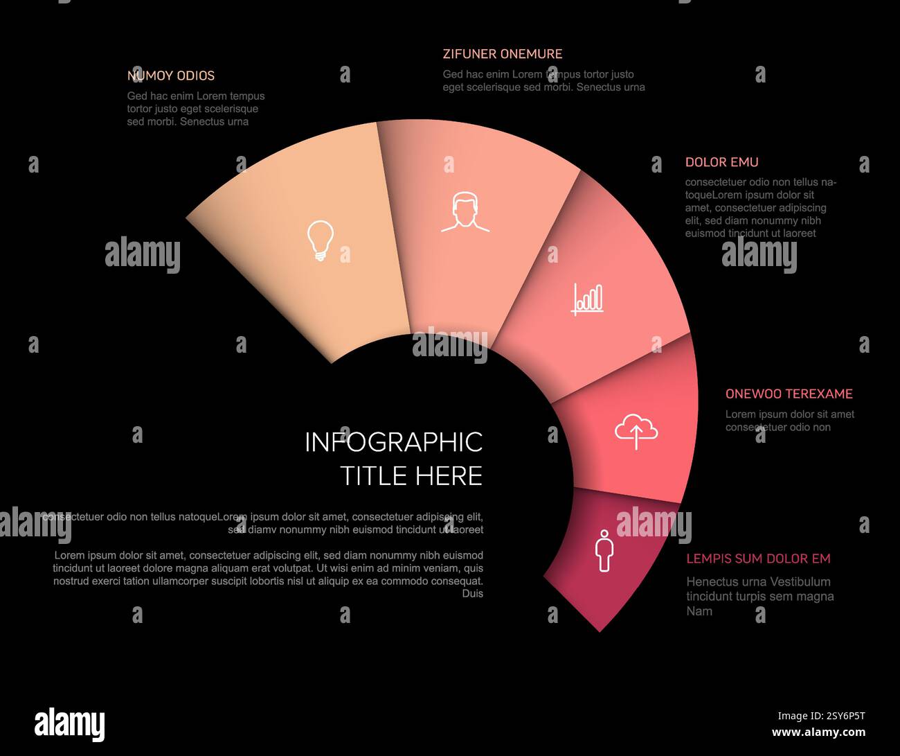Eine halbrunde Infografik mit Verlaufsabschnitten in Rosa- und Rottönen enthält verschiedene Symbole. Das Design enthält Platzhaltertext und hebt fi hervor Stock Vektor