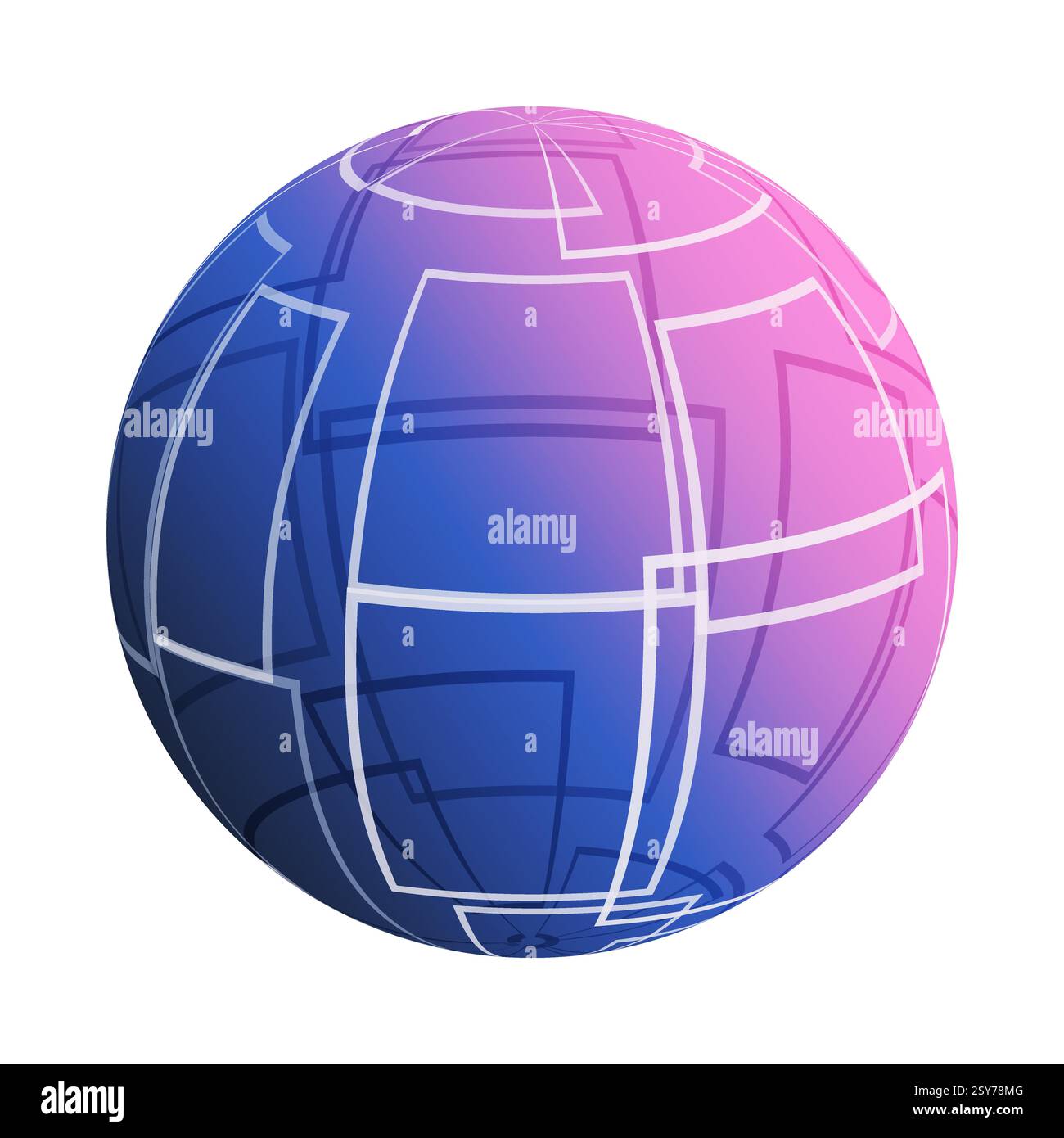 Abstraktes rosafarbenes und blaues durchscheinendes Globe Clipart-Design mit sich schneidenden weißen Quadraten, Gitter überlappender rechteckiger Umrisse - Vect Stock Vektor