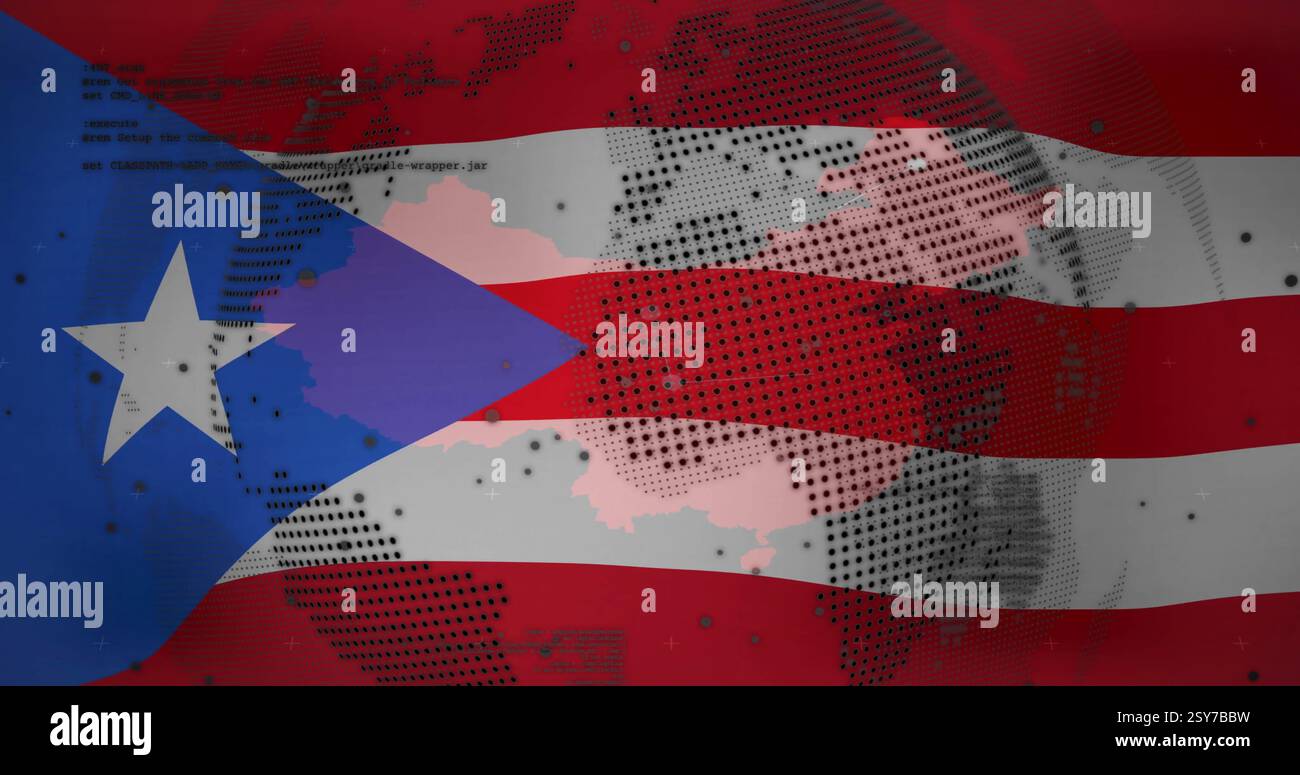 Puerto-ricanische Flagge mit globalem Netzwerkbild und Codiertext-Overlay Stockfoto