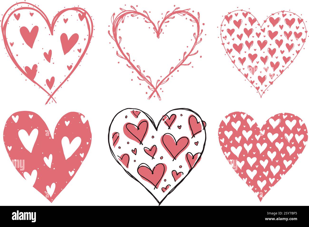 Set handgezeichneter Herzen mit einzigartigen Mustern und Texturen in Rot und weiß, auf weißem Hintergrund. Illustration zum Valentinstag Stock Vektor