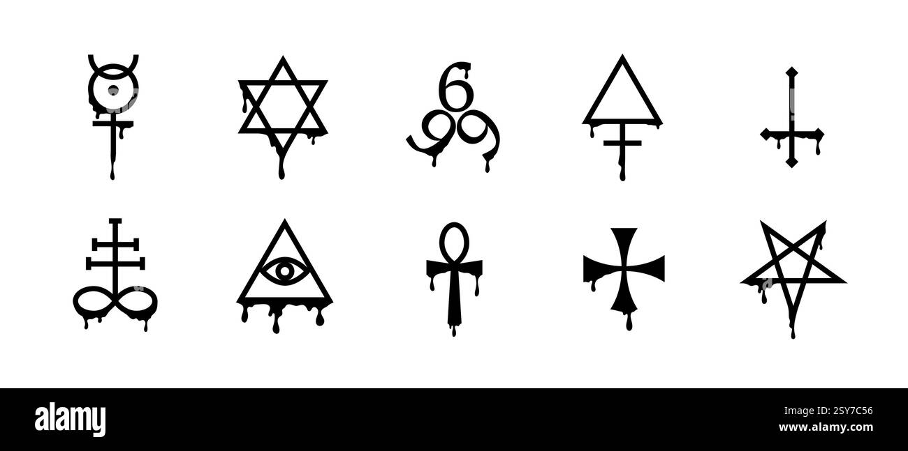 Pentagramm-Symbol mit esoterischen Symbolen für mystische und spirituelle Themen. Stock Vektor