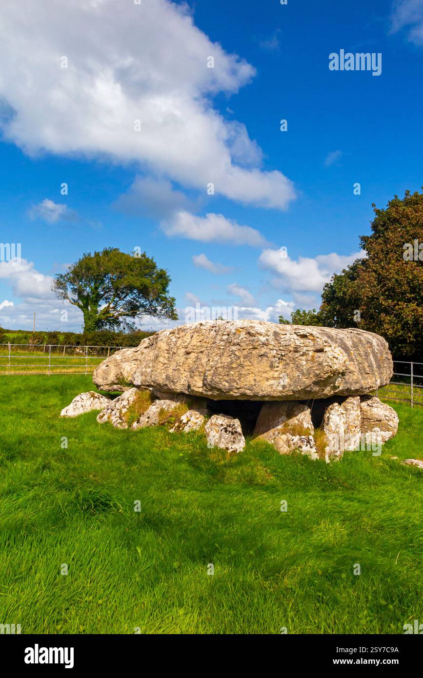 Lligwy Burial Chamber, eine neolithische Grabkammer in Lligwy, nahe der Ostküste von Anglesey, Wales, Vereinigtes Königreich. Stockfoto
