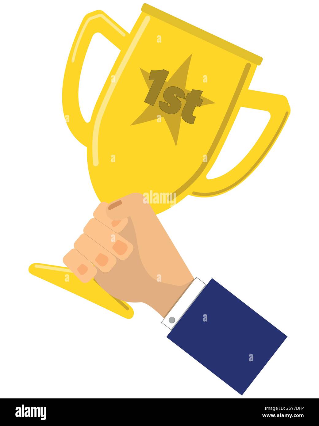 Hand mit einer Trophäe für den 1. Platz, Person in Anzug mit Gewinnerpreis, Belohnung oder Erfolgskonzept am Arbeitsplatz Stock Vektor