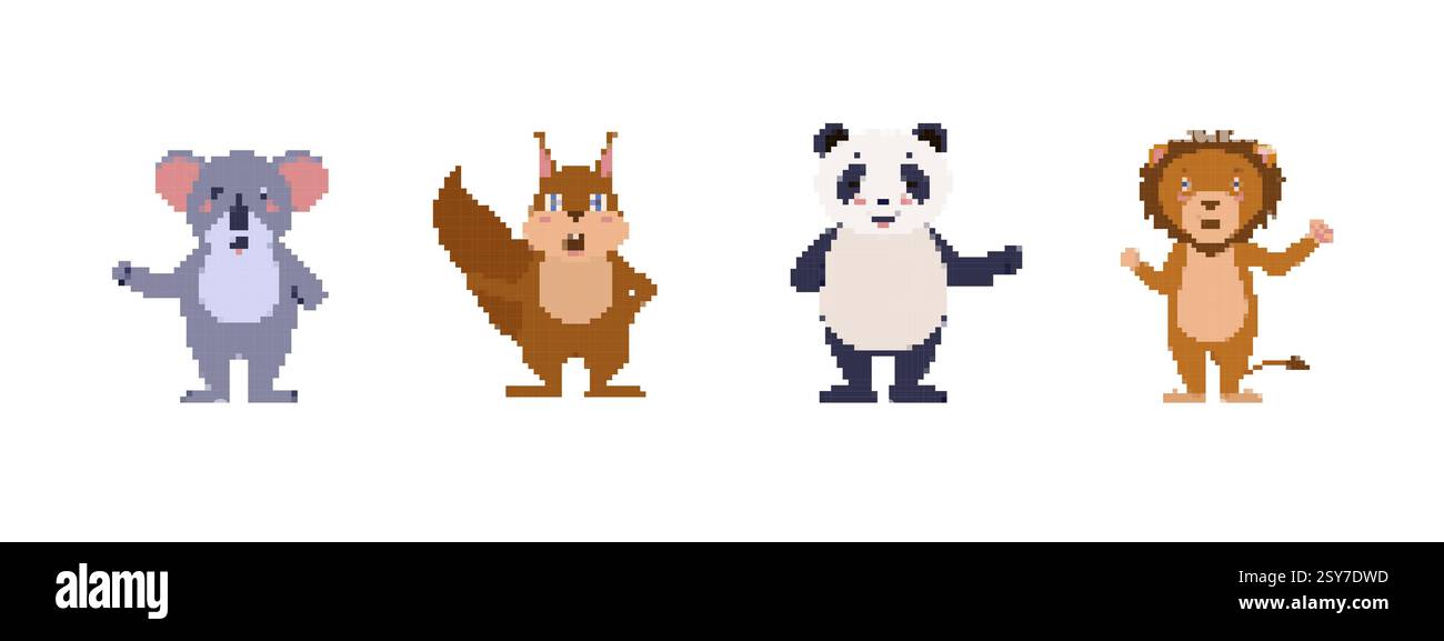 Pixel Art Tiere mit Koala Eichhörnchen Panda und Löwe in minimalistischem Stil Stock Vektor