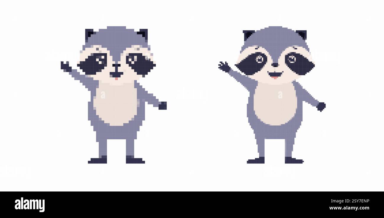 Zwei süße Pixel Waschbären, die fröhlich mit lächelnden Gesichtern und spitzen Ohren winken Stock Vektor