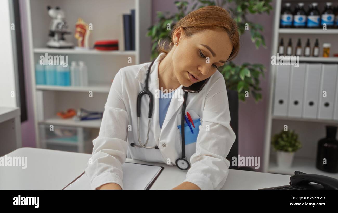 Frau Ärztin am Telefon, die in der Klinik arbeitet, mit weißem Mantel und Stethoskop, die sich auf Dokumente rund um medizinische Geräte und Akten im bac konzentriert Stockfoto