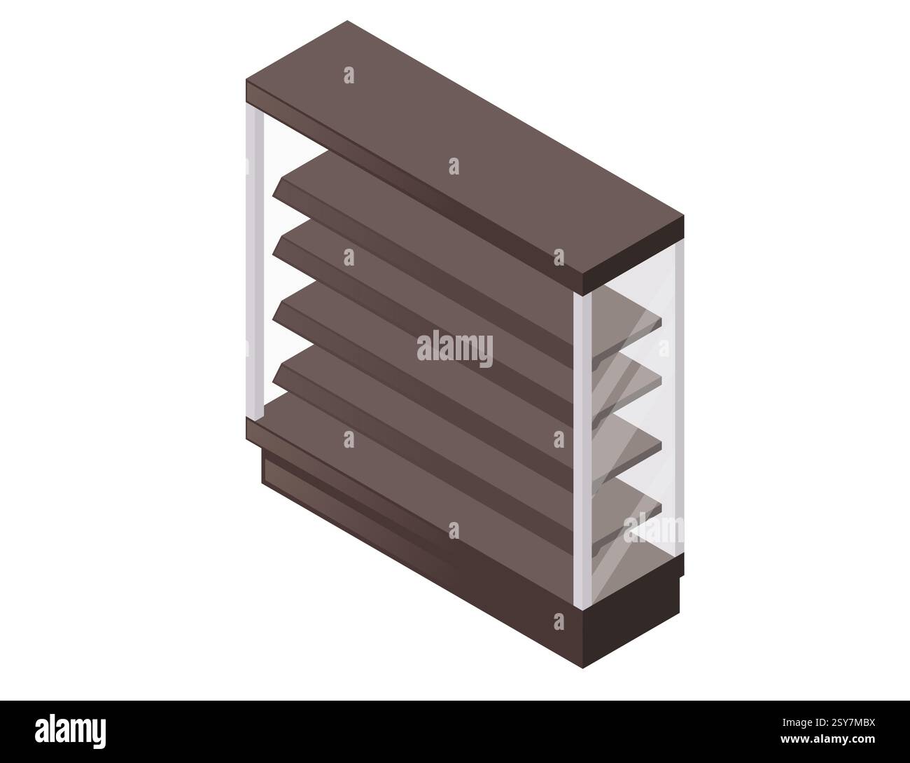 Isometrisches Holzregal mit mehreren horizontalen Ebenen. Schwarze Holzdielen. Leeres Lagerregal. Möbel in Supermärkten oder Lebensmittelgeschäften. Vektor i Stock Vektor