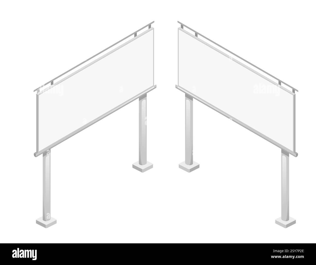 Isometrische große Reklametafelstrukturen mit rechteckigen Displays. Werbeständer aus Metall. Säulen des Outdoor-Marketings. Schilderhalter mit zwei Pfosten. Commerci Stock Vektor