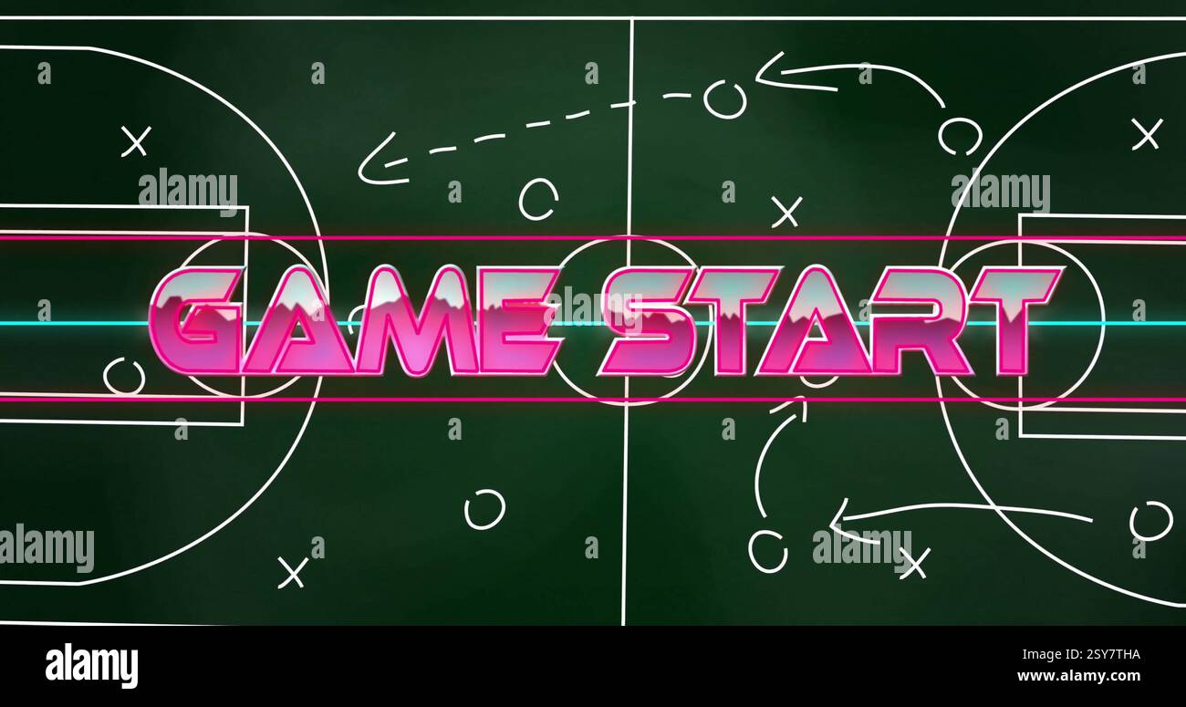 Textbild für den Spielstart über dem Schwarzen Brett mit Sportstrategiediagramm Stockfoto