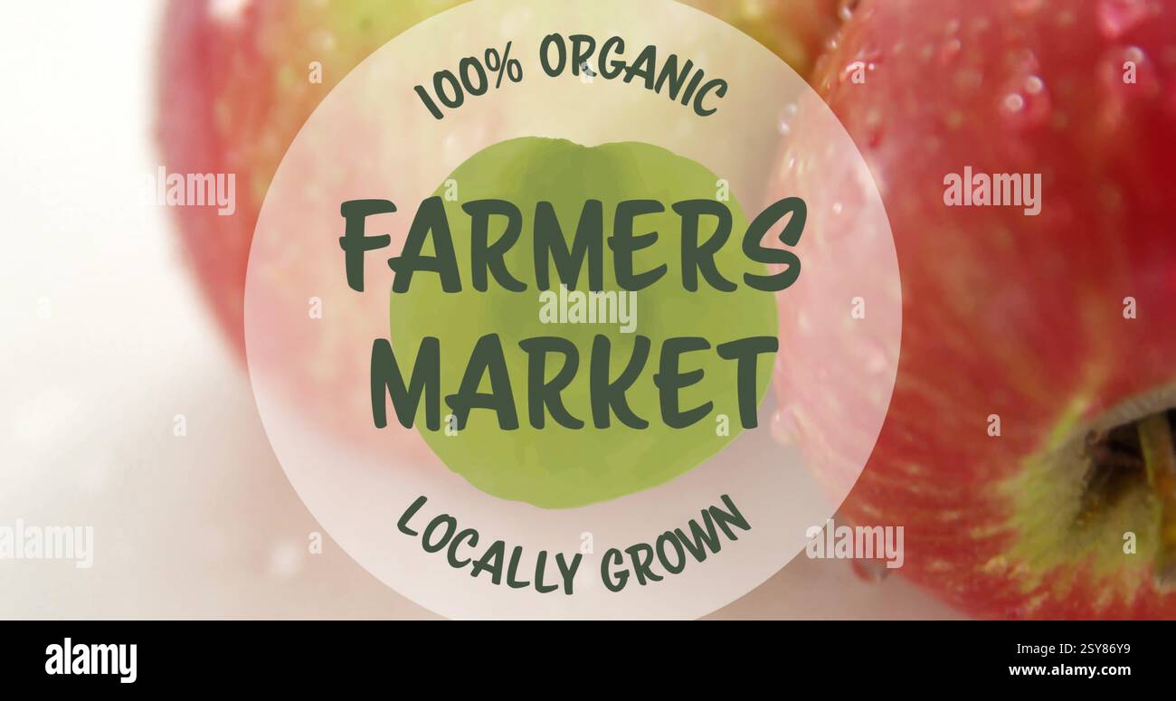 Bild: Bauern vermarkten Bio-Lebensmittel-Text über frischen Äpfeln auf weißem Hintergrund Stockfoto