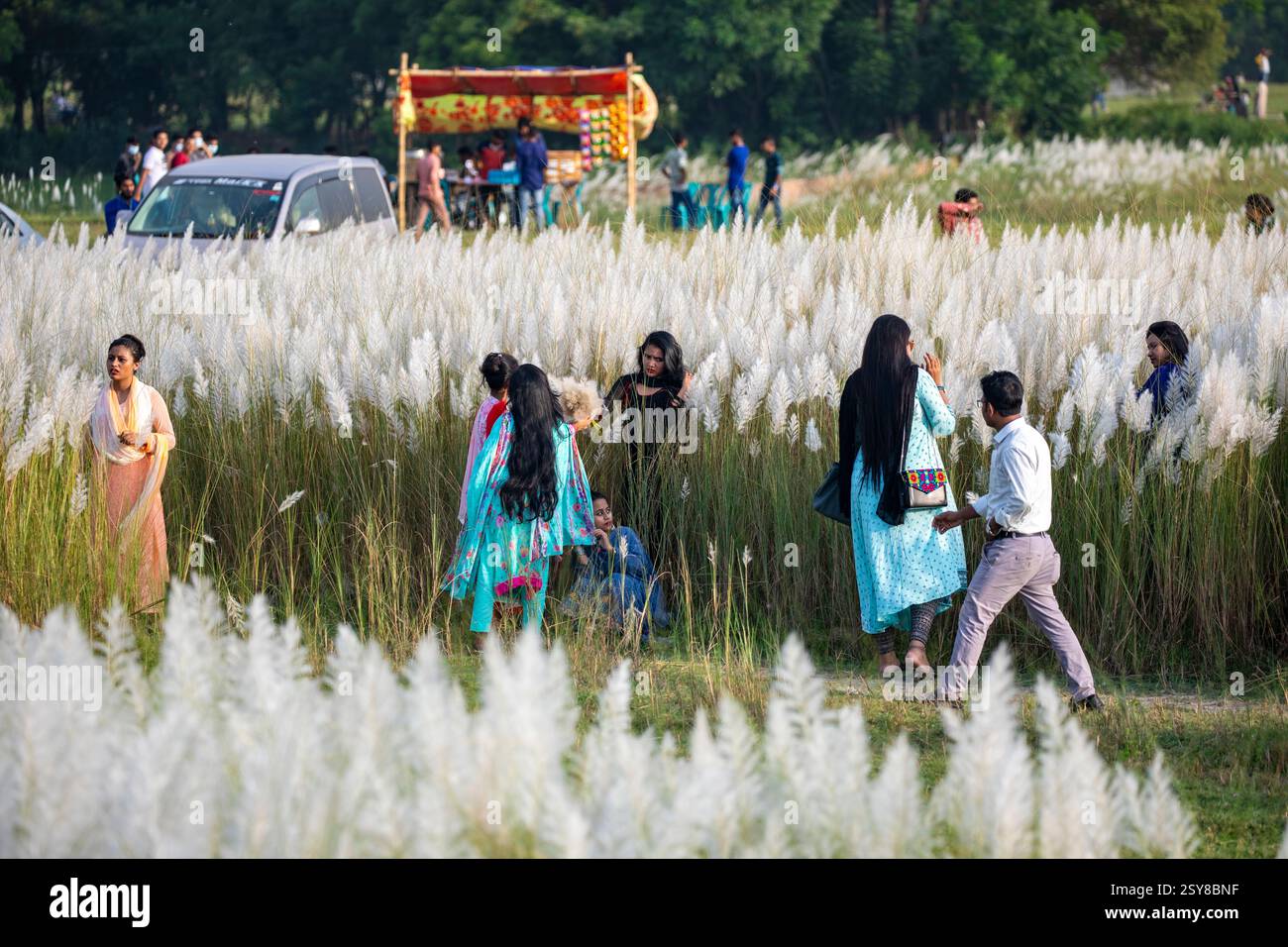 Die Menschen tauchen ein in die Schönheit der blühenden Kans-Grasblumen und feiern das Wesen des Herbstes am Stadtrand von Dhaka, Bangladesch. Stockfoto