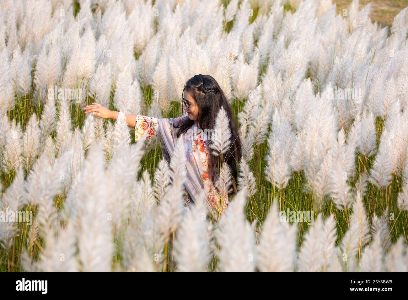 Eine fröhliche junge Frau genießt die Schönheit der blühenden Kans-Grasblumen, die das Wesen des Herbstes am Stadtrand von Dhaka, Bangladesch, genießen. Stockfoto