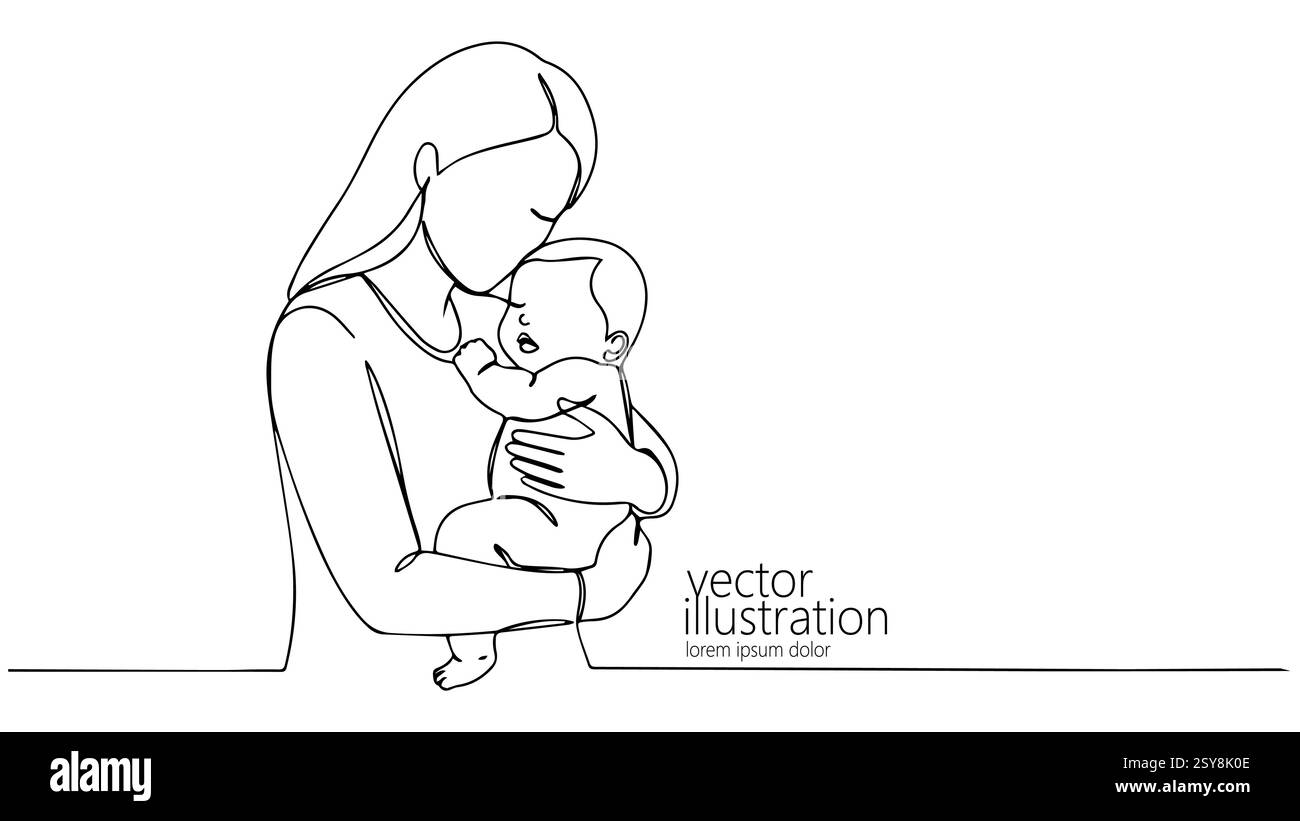 Mutter hält das Baby zärtlich. Die Frau unterstützt die Liebesbindung des Kindes. Geeignete Familienmodelle für Mutterschaft. Minimalistischer weißer Hintergrund-Vektor mit Strichkunst Stock Vektor