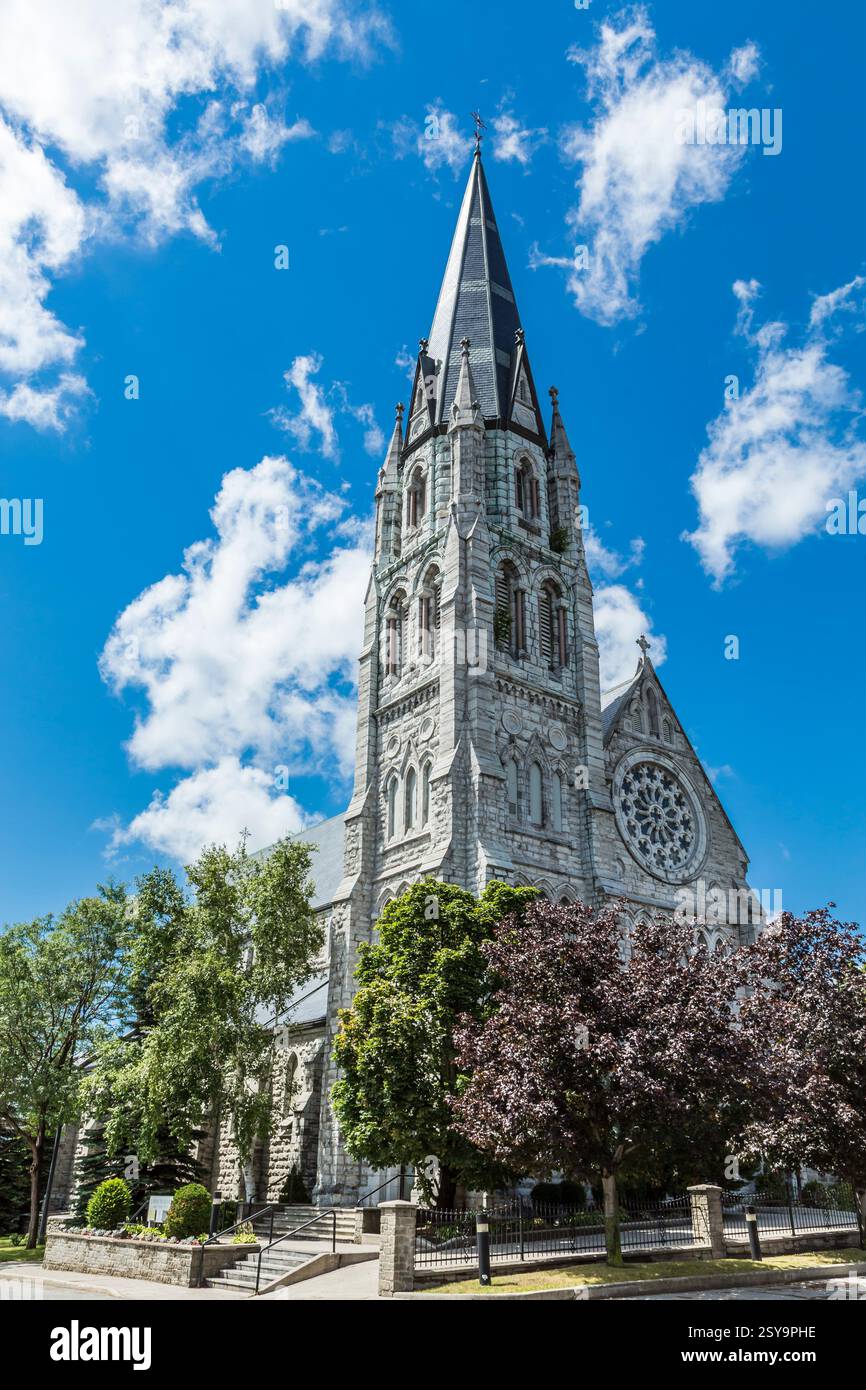 Große Kirche mit einem Kirchturm und einem Kreuz oben. Das Gebäude ist von Bäumen umgeben Stockfoto