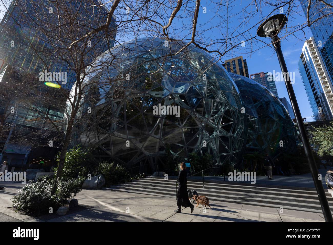 Am Donnerstag, 27. Februar 2025, geht die Sonne über den Amazonassphären im Amazon-Hauptsitz in Seattle auf. Stockfoto