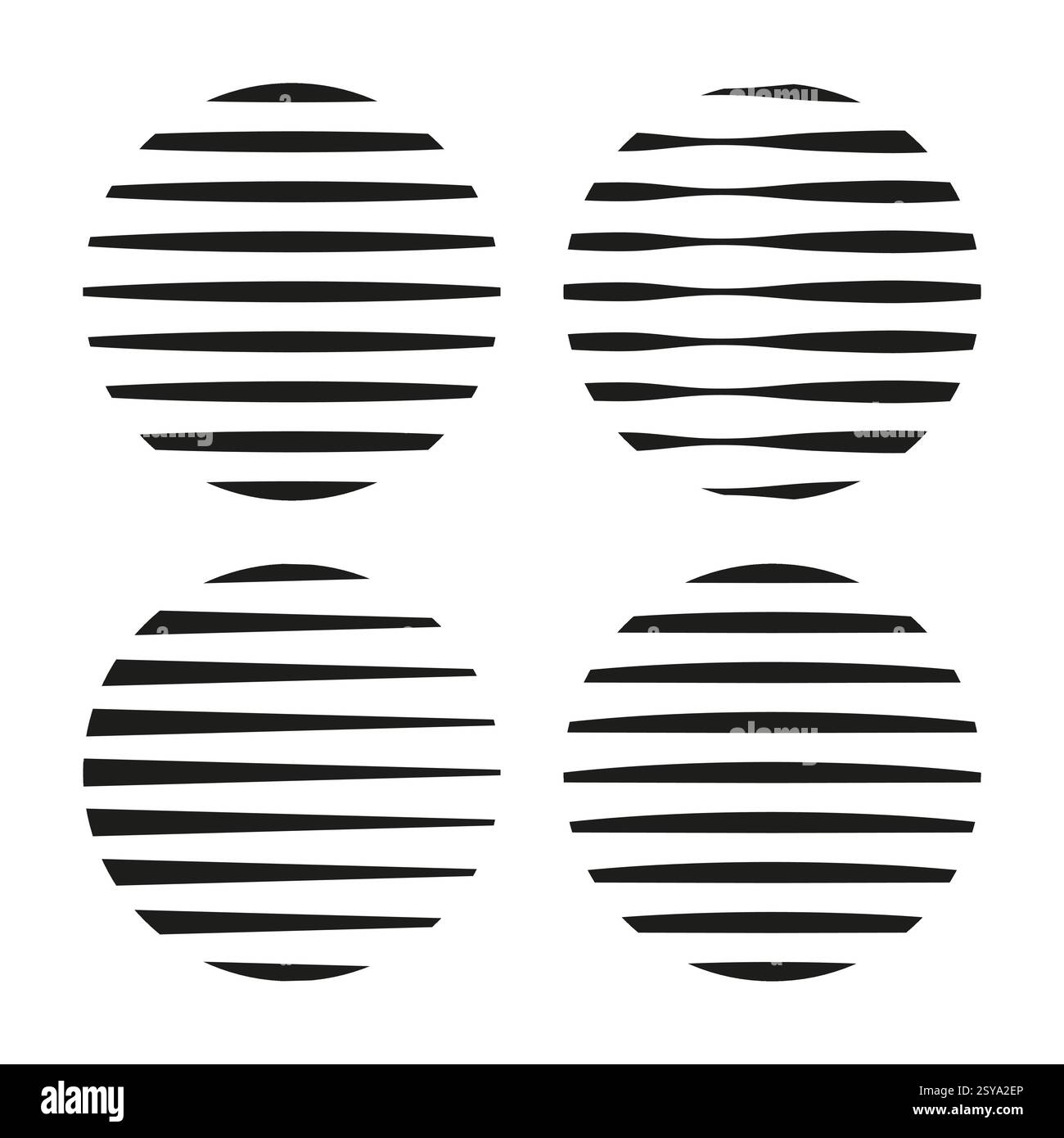 Vier Kreise mit wechselnden schwarzen Streifen. Moderner optischer Effekt. Minimalistischer Vektorstil. Stock Vektor