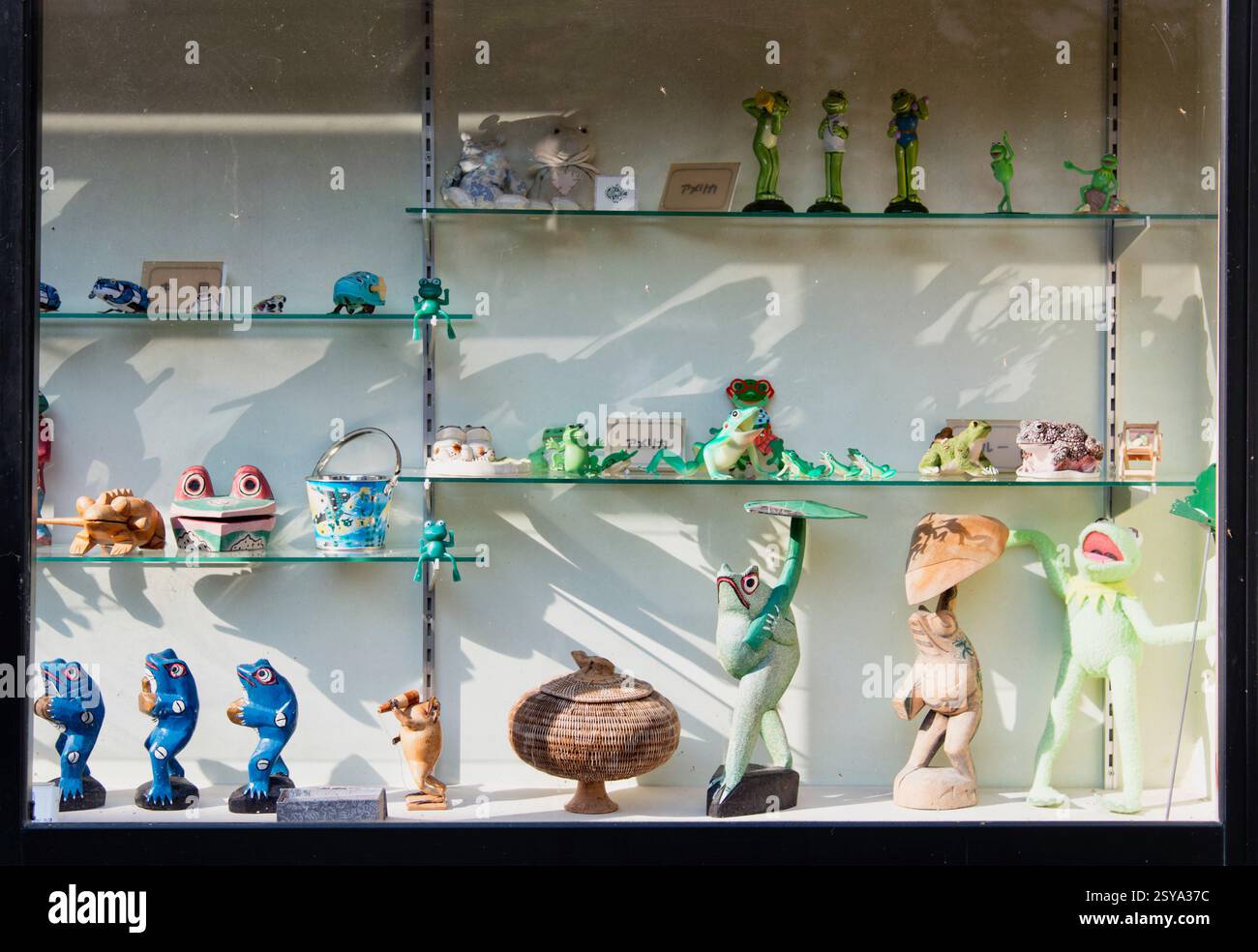 Eine Auswahl von Froschfiguren aus aller Welt schmückt das Präsentationsschrank am Eingang des Froschmuseums in der Stadt Misasa, Präfektur Tottori Stockfoto