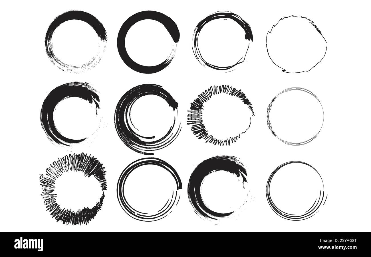 Kreisförmige Pinselstriche – abstrakte Tintenkreistexturen für Logos, Designs und Hintergründe Stock Vektor