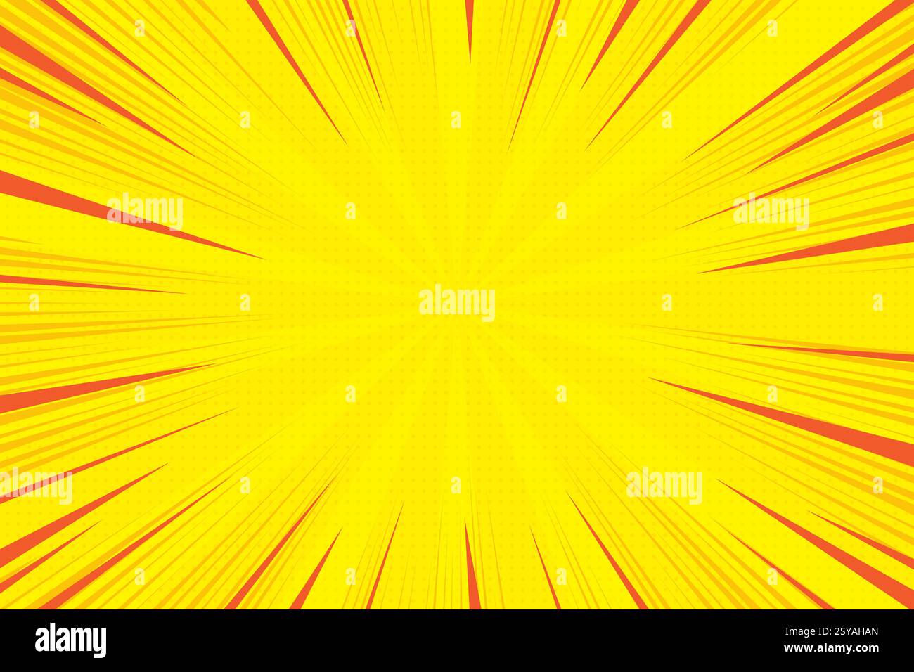 Comic-Hintergrund mit gelbem Pop-Art-Zeichentrickmuster. Ray Burst Vektor-Licht mit Retro-Halbtoneffekt. Gelber abstrakter Anime-Sonnenschein. Gepunkteter Sommer Stock Vektor