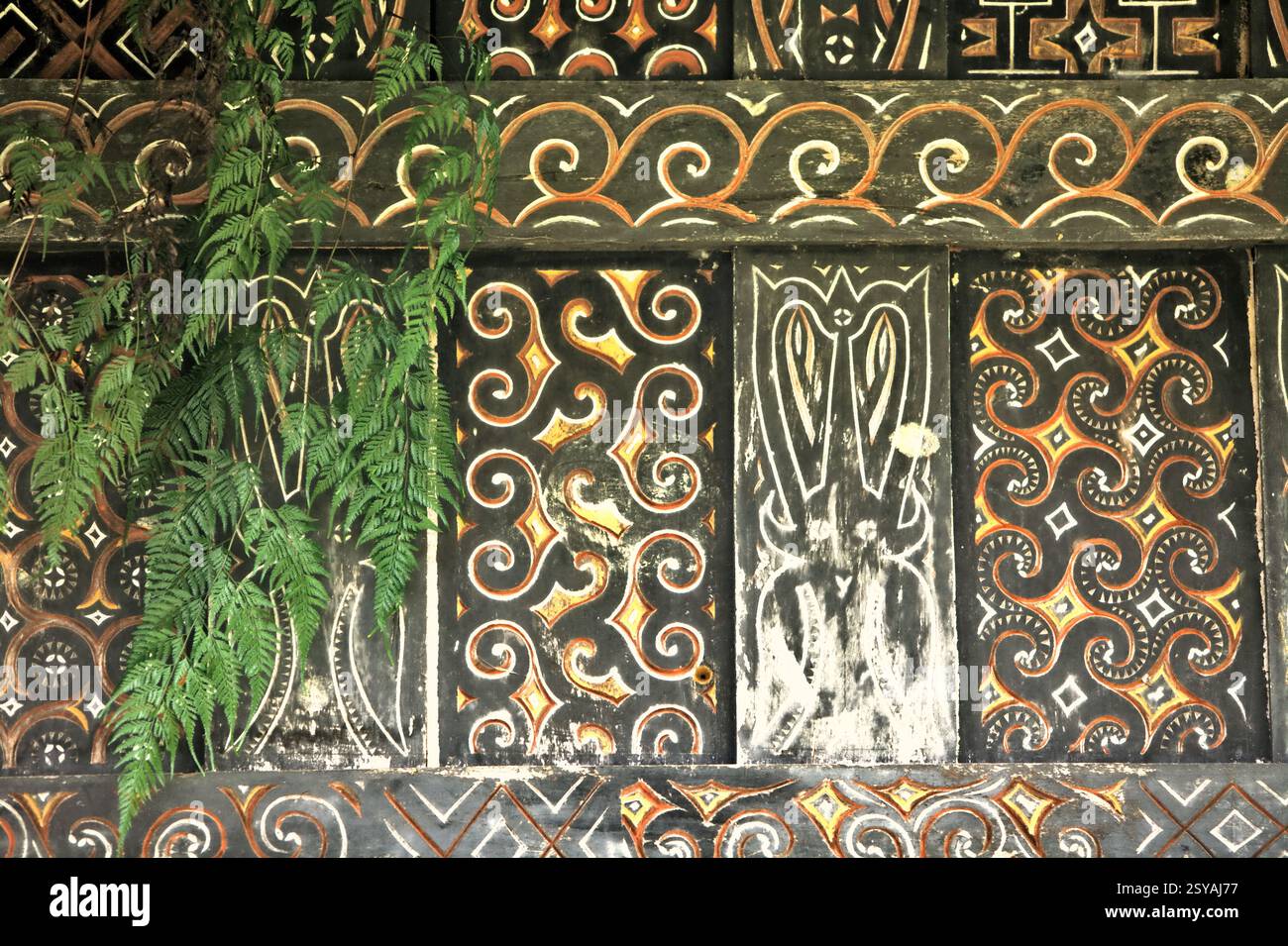 Farnblatt und dekoratives Gemälde in traditionellem Motiv an der Wand einer Reisscheune im Dorf Kete Kesu, Nord-Toraja, Süd-Sulawesi, Indonesien. Stockfoto