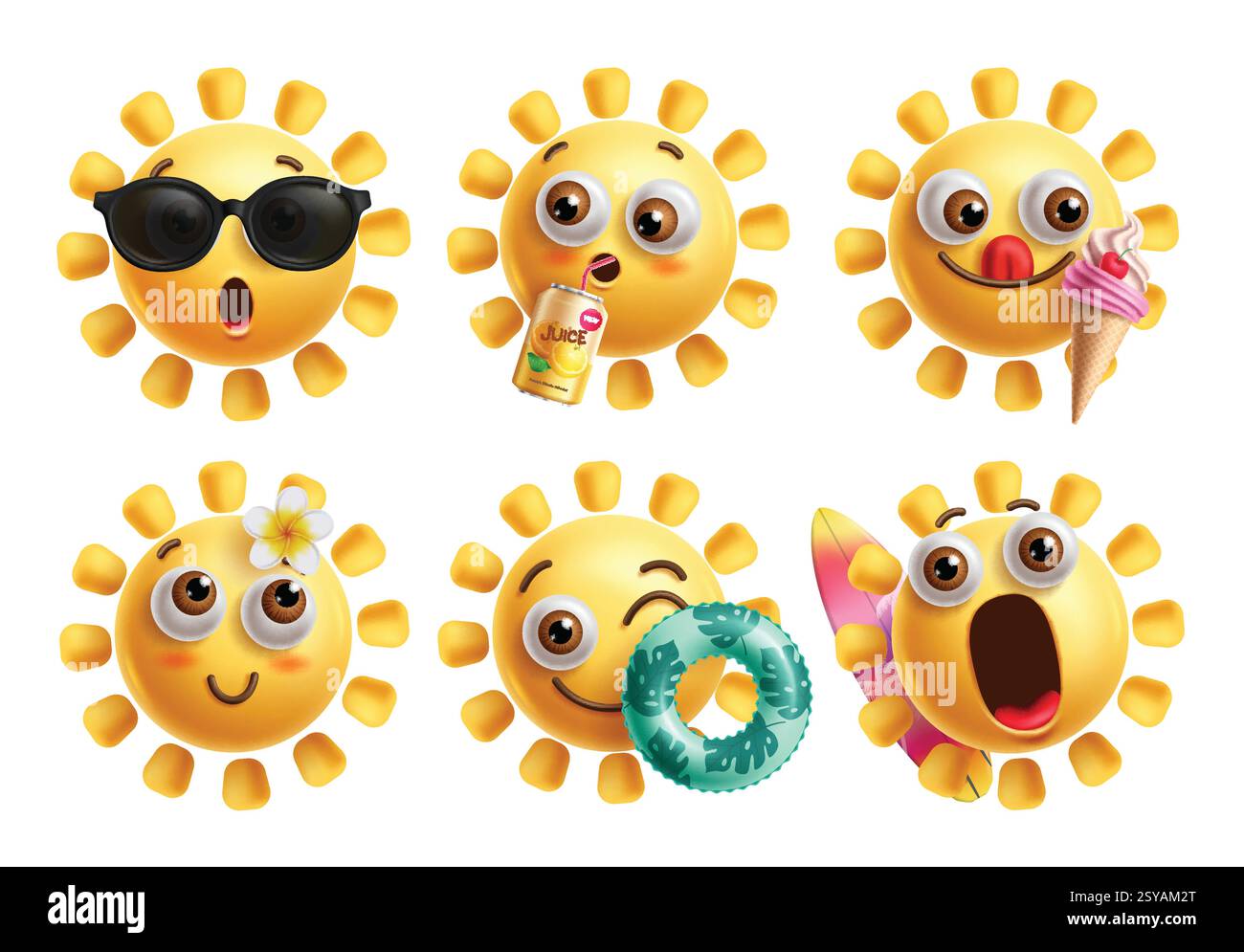 Sun Emojis Zeichen Clipart Set. Sommer Emoji Gesicht Clip Art mit glücklich, cool, trinkend, süß lächelnd heiße Sonne Emoticon Sammlung Vektor Illustration Stock Vektor