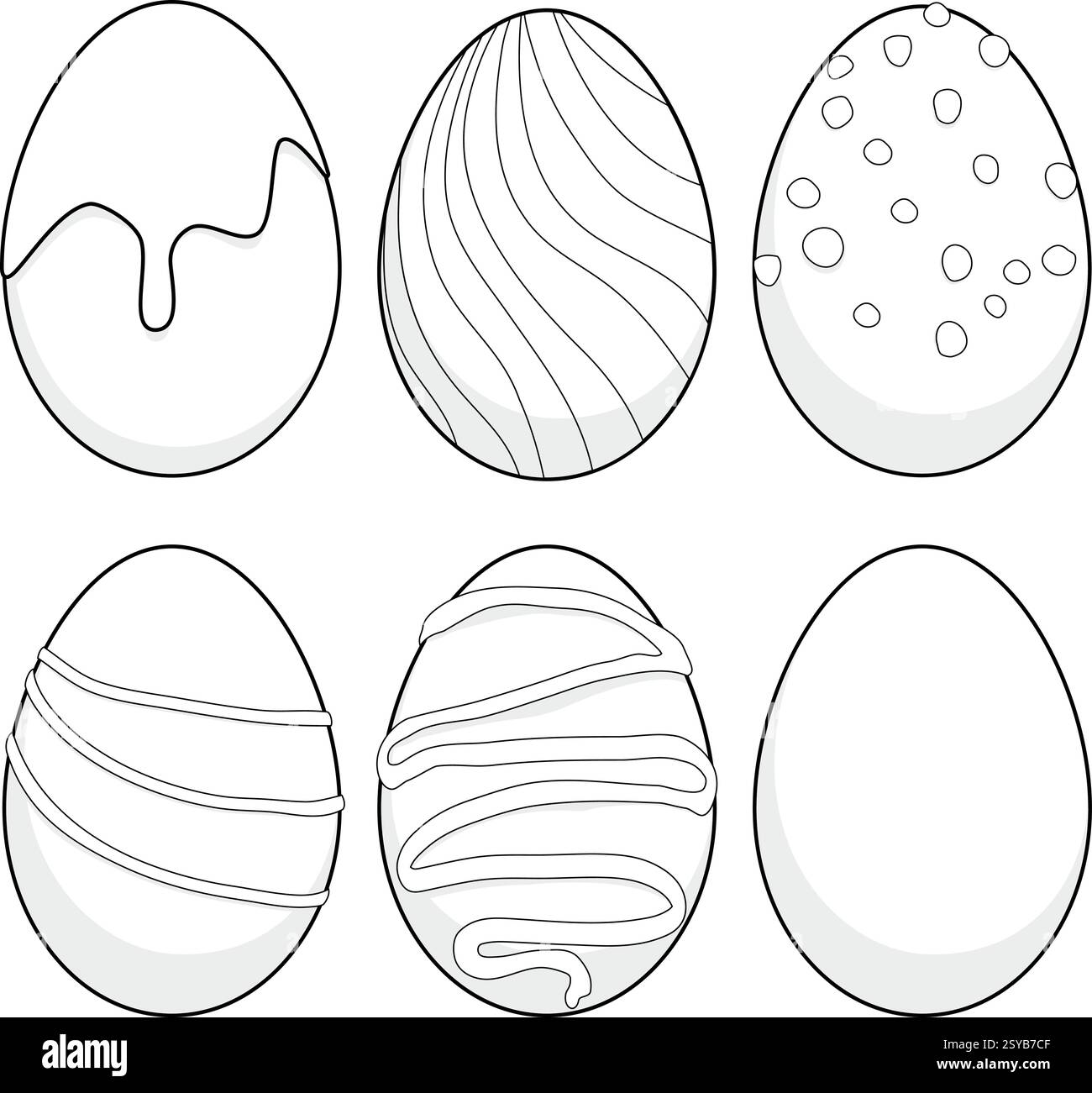 Schokoladen-Ostereier. Dekorierte süße Schokoladeneier für traditionelle Feiertage. Süßwaren für Kinder. Vektor-Farbseite. Stock Vektor