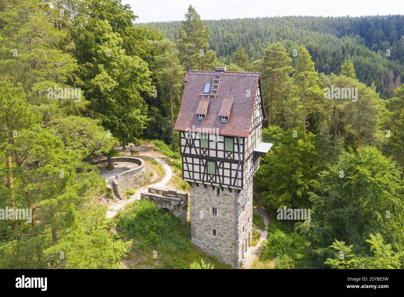 Luftaufnahme des Herzogsstuhls in der Nähe des Jagdzentrums Rieseneck, bei Hummelshain, Saale-Holzland, Thüringen, Deutschland, Europa Stockfoto