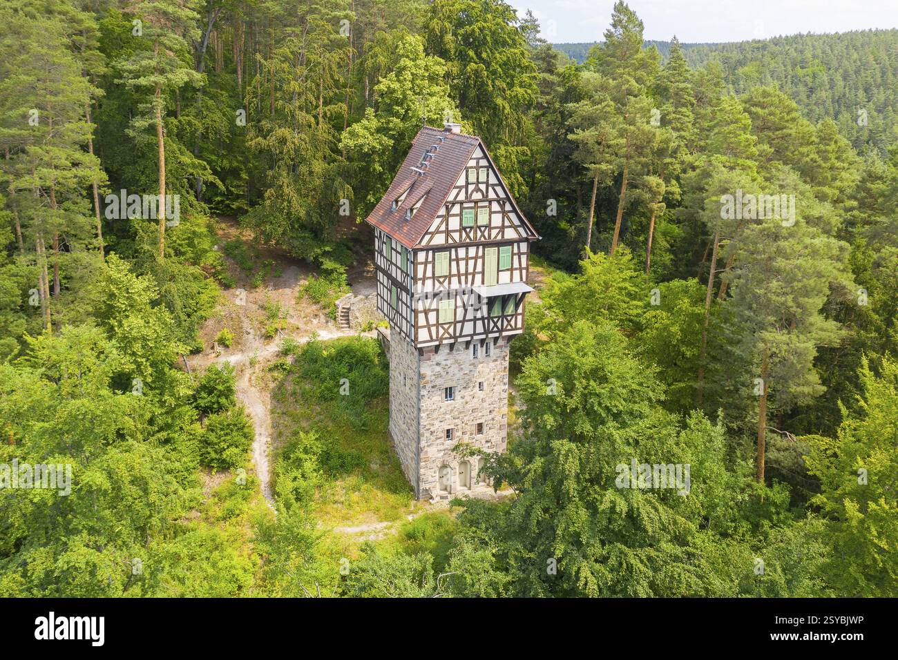 Luftaufnahme des Herzogsstuhls in der Nähe des Jagdzentrums Rieseneck, bei Hummelshain, Saale-Holzland, Thüringen, Deutschland, Europa Stockfoto
