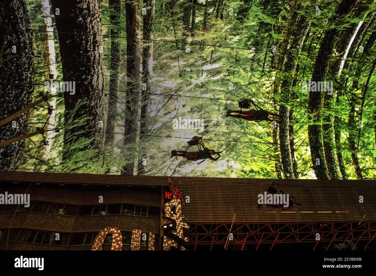 Zipliner unter dem Dach der Freemont Street Experience Light Show, Las Vegas, Nevada, USA, Nordamerika Stockfoto