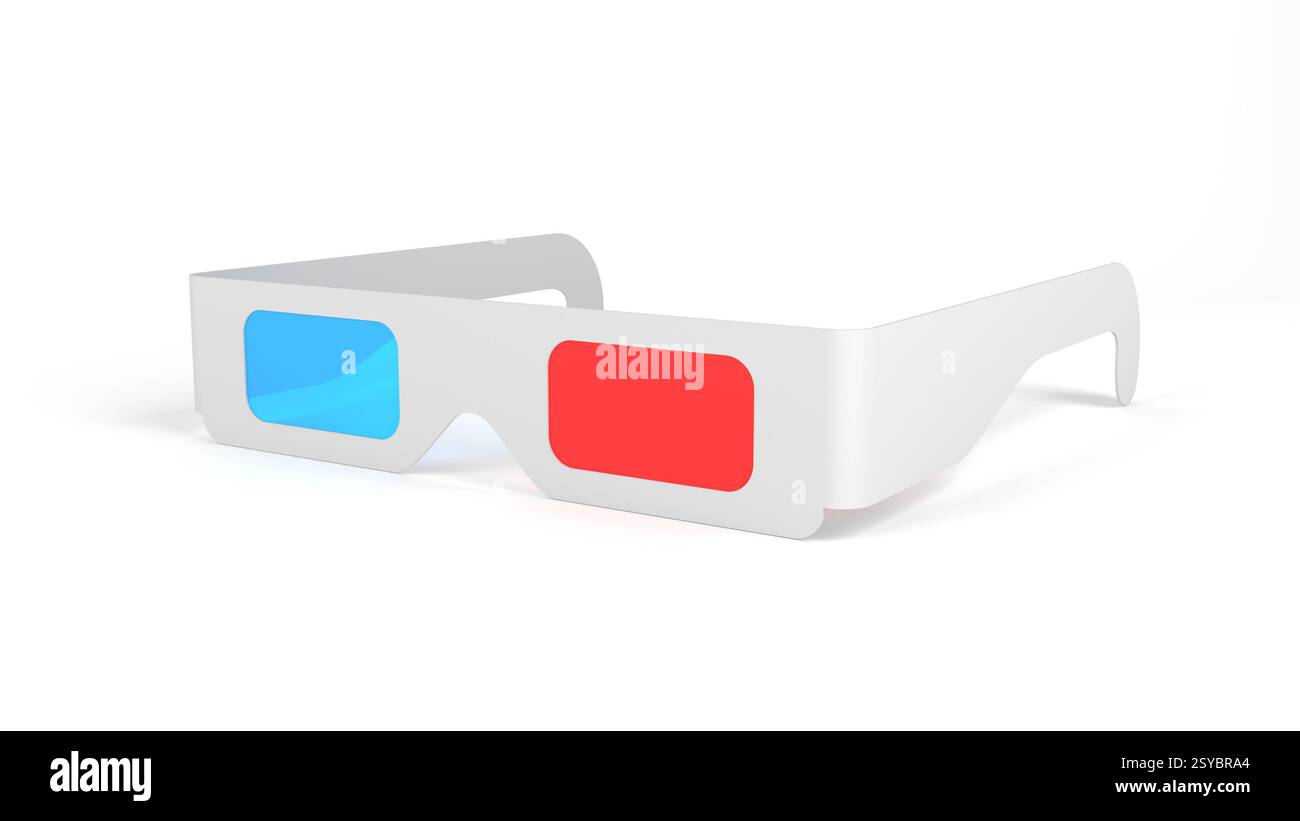 Anaglyphen-3D-Brille isoliert auf weißem Hintergrund. 3D-Abbildung. Stockfoto