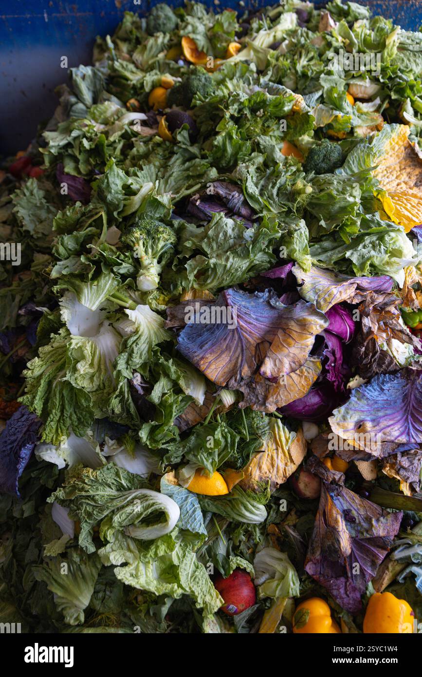 Großer Sprung von weggeworfenem Gemüse und Obst auf einem Markt Stockfoto