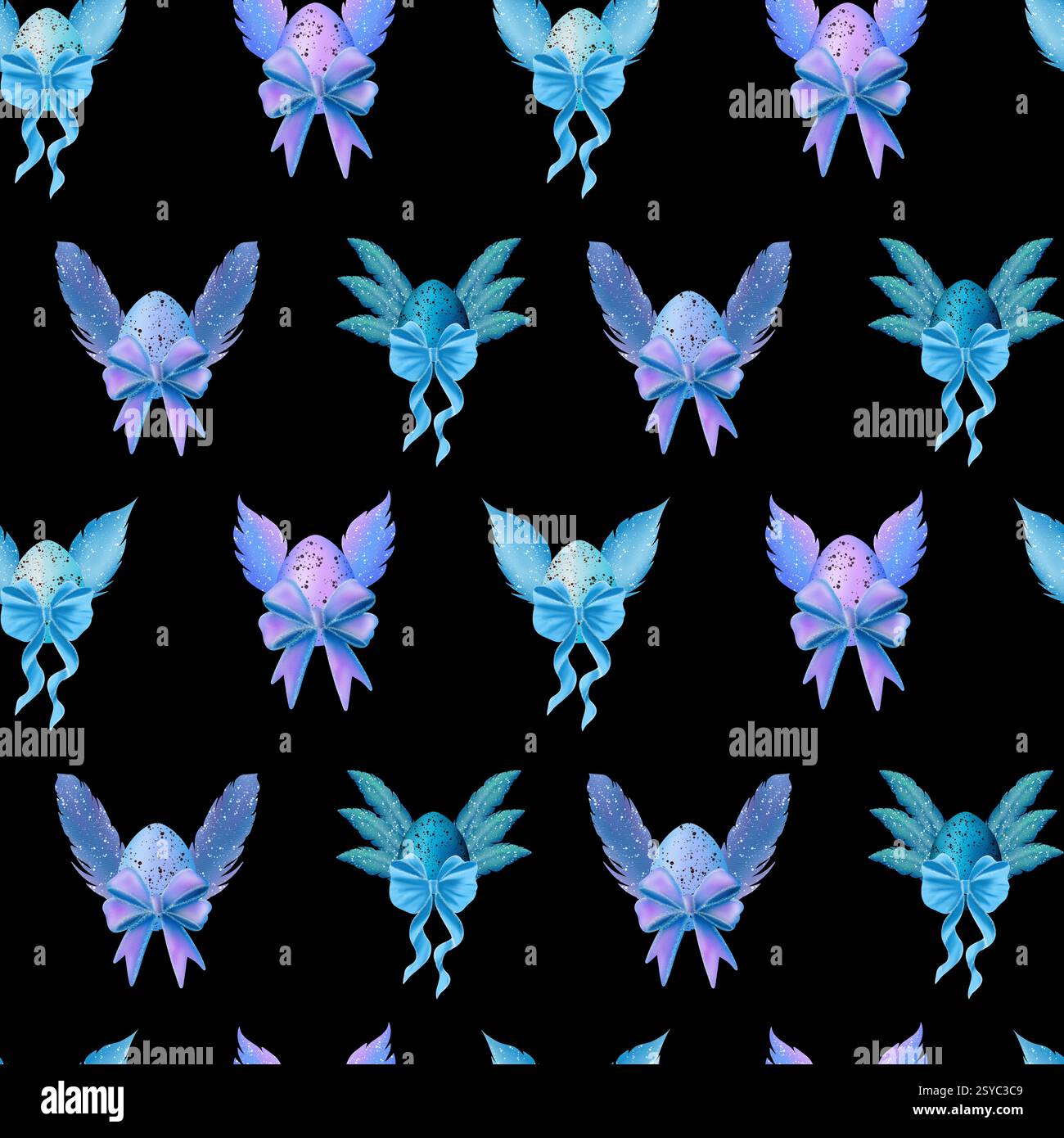 Wunderschöne bunte Eier mit Flügeln und schönen Bögen auf schwarzem Hintergrund, nahtloses Muster Stockfoto