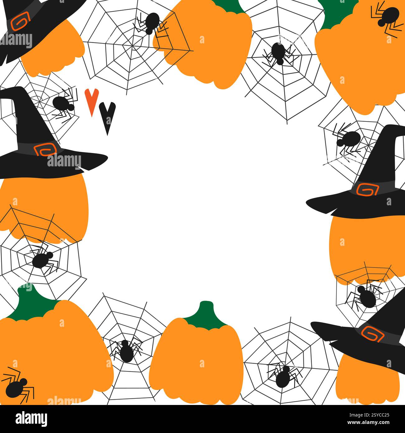Kürbisse in Hexenkappen Spinnen auf Spinnennetz quadratischer Rahmenrand Halloween-Grüße Copy Space Vorlage. Isolierte Vektor-Illustration Thematische Karten oder Web-Werbebanner, Faltblatt, Preis, Etikett, Einladung Stock Vektor
