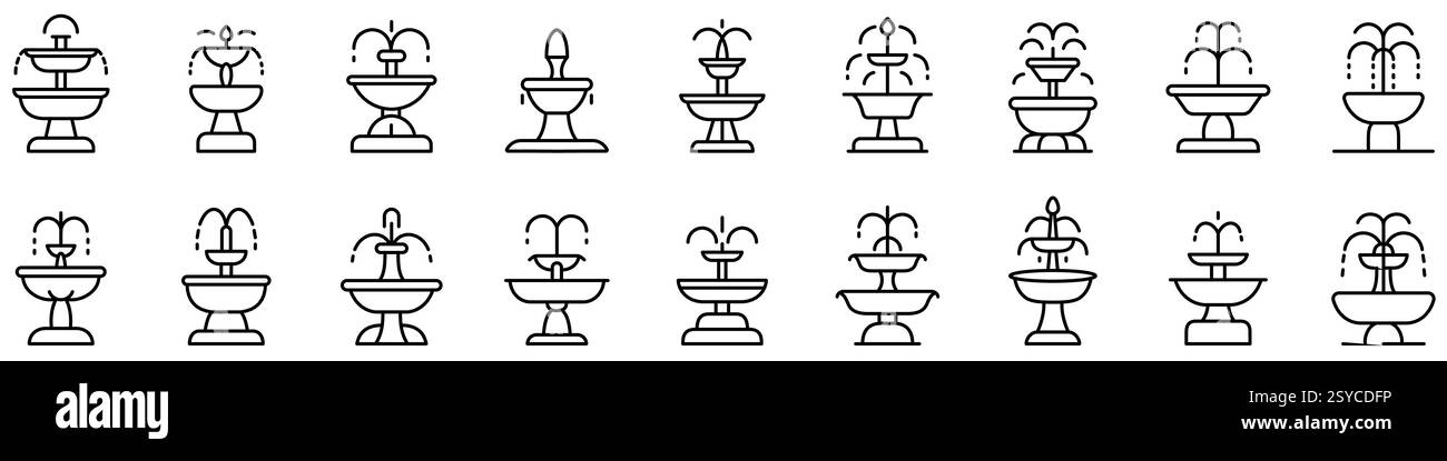 Springbrunnen-Symbol. Bearbeitbare Kontur. Set aus schwarzen linearen Symbolen des Brunnens. Springbrunnen-Symbol. Vektorabbildung Stock Vektor