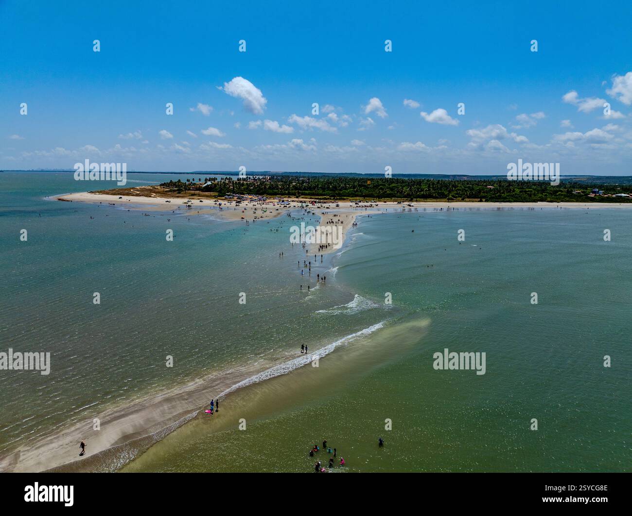 Strand mit Sandformationen blauer Himmel mit Blick auf die Küste im Hintergrund bekannt als Moises Pfad in Paraíba Brasilien Stockfoto