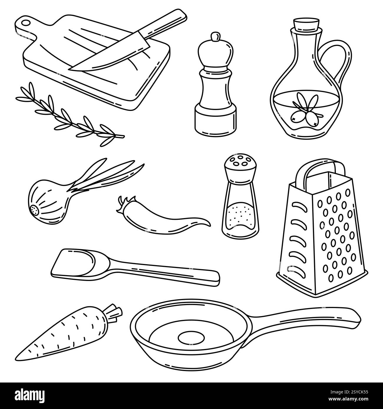 Set mit Küchenutensilien. Kochwerkzeuge für zu Hause und Rezepte. Stock Vektor