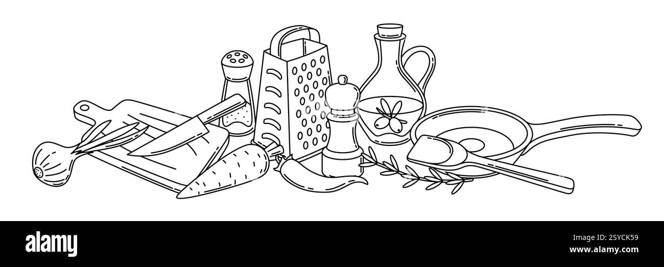 Hintergrund mit Küchenutensilien. Kochwerkzeuge für zu Hause und Rezepte. Stock Vektor