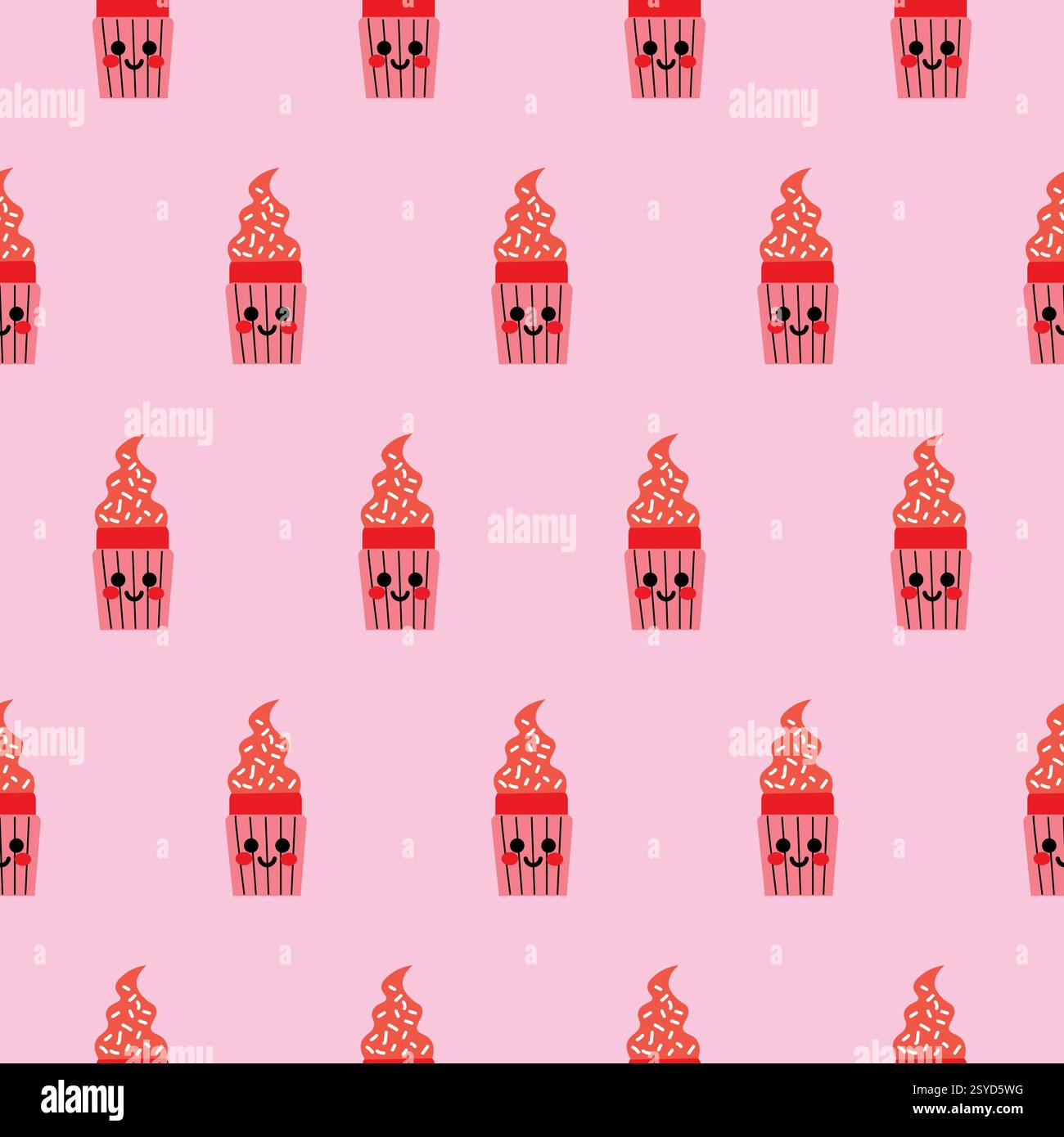 Nahtloses Muster von roten Cupcakes auf einem hellrosa Hintergrund Stock Vektor