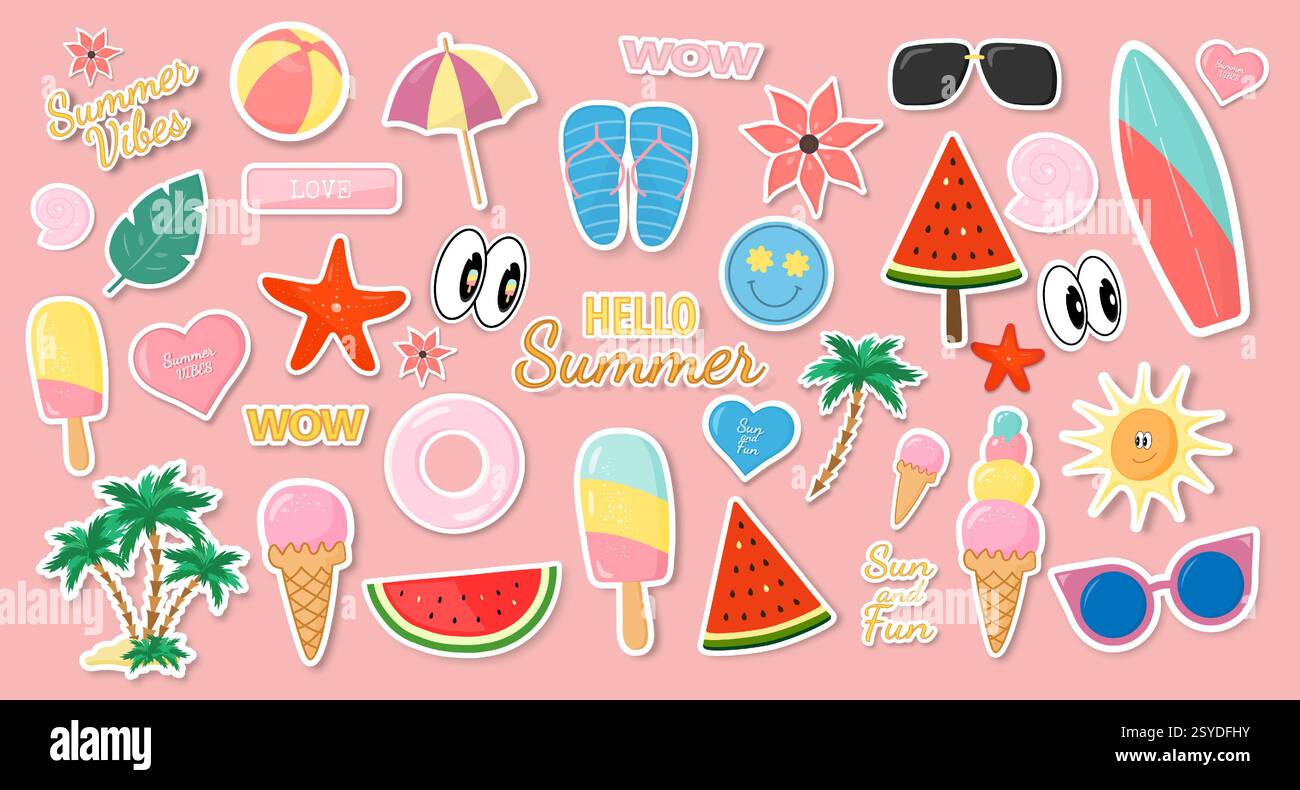 Eine Sammlung von Stickern oder Zeichentricksymbolen auf rosa Hintergrund. Stock Vektor