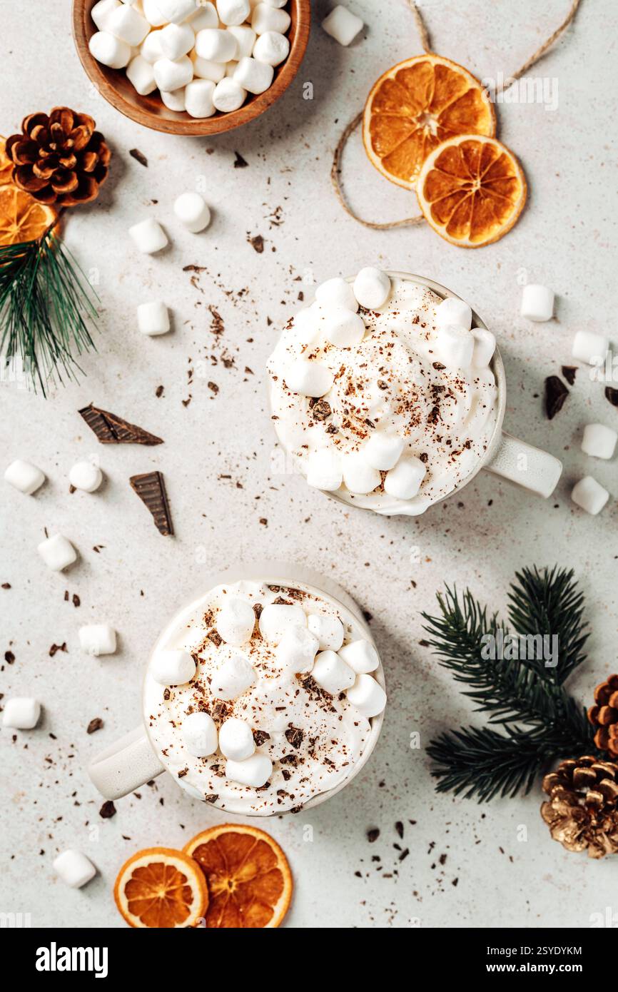Zwei Tassen heißer Schokolade mit Marshmallows, Schokoladenspänen und festlichen Winterelementen, darunter getrocknete Orangenscheiben und Tannenzweige. Stockfoto