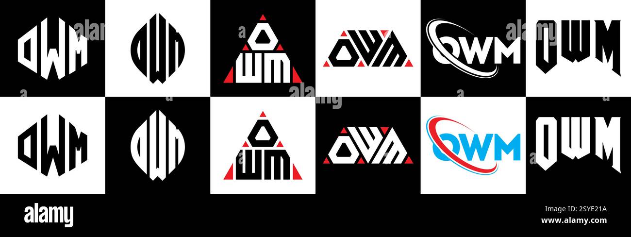 OWM Letter-Logo im 6er-Stil. OWM Polygon, Kreis, Dreieck, Sechseck, flacher und einfacher Stil mit schwarz-weißem Buchstaben-Logo in verschiedenen Farben Stock Vektor