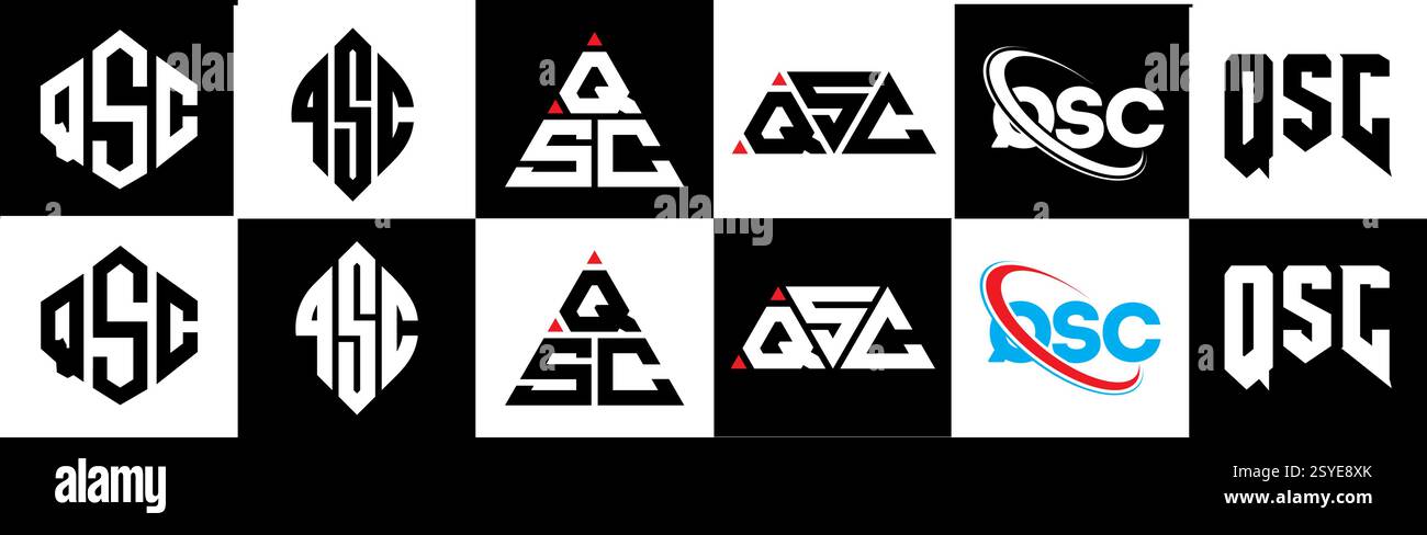 QSC-Letter-Logo im 6-Stil. QSC-Polygon, Kreis, Dreieck, Sechskant, flach und einfach mit schwarz-weißem Schriftzug Stock Vektor