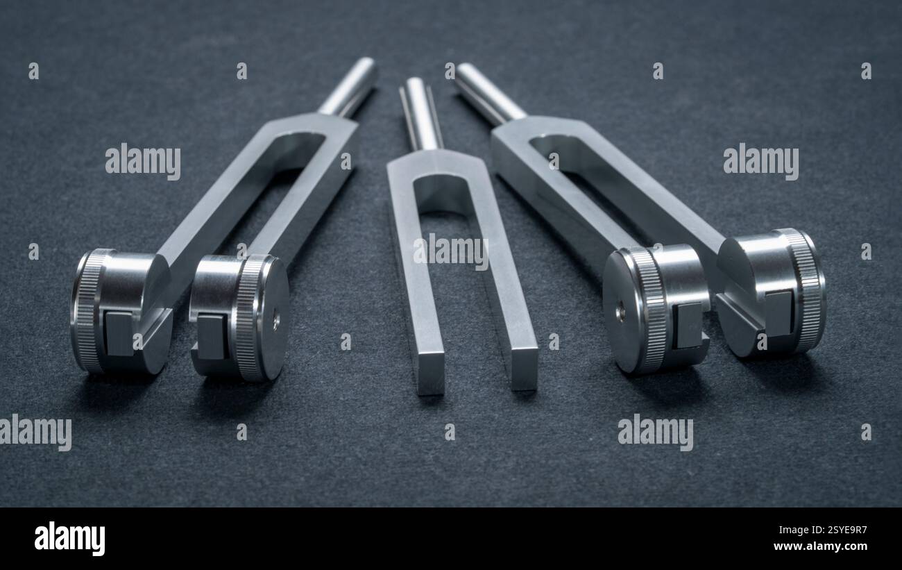 Satz gewichteter und ungewichteter Stimmgabeln aus Metall, die zum Abstimmen von Musikinstrumenten, zur Klangtherapie, zur Chakra-Heilung oder Entspannung verwendet werden. Stockfoto